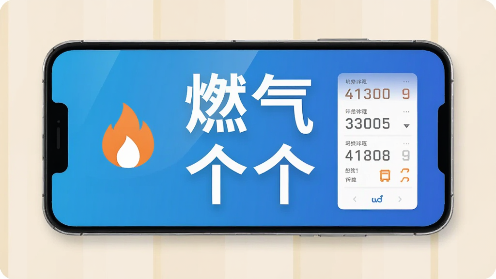 主体是一款智能手机,屏幕上显示燃气费用计算四个大字,布局为手机居中放置于浅色桌面,排版简洁,风格为扁平化科技风,细节包含燃气火焰图标、数字账单元素、蓝色渐变背景,画质高清干净无多余元素