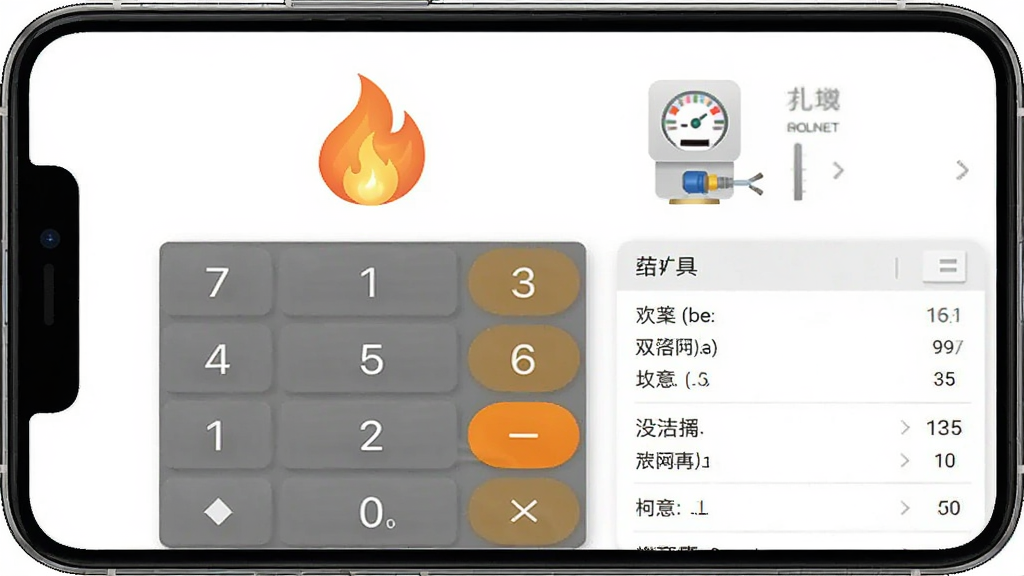 主体是燃气费用计算软件界面截图,布局为手机屏幕展示计算器与燃气表图标,排版为上下结构,风格为清新简约风,细节包含数字键盘、燃气火焰标志、账单列表,画质高清干净无多余元素