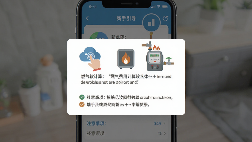 主体是手机屏幕显示燃气费用计算软件的新手引导页面,布局为居中弹窗提示,排版为图文结合,风格为扁平化插画风,细节包含手指点击图标、燃气表、注意事项文字,画质高清干净无多余元素