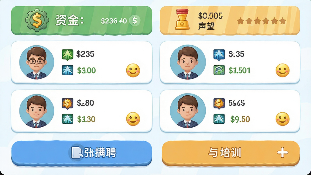 汽车交易帝国 车行管理界面 多名员工头像 布局为顶部资金与声望 中部员工卡片列表 底部招聘与培训按钮 排版规整 风格为清新卡通 细节包括员工技能图标 薪资数字 满意度笑脸 画质高清 干净 无多余元素