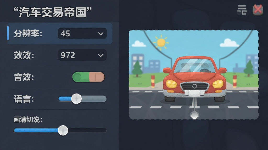 汽车交易帝国 游戏设置界面 画质调节滑块 布局为左侧选项列表 右侧预览小窗 排版简洁 风格为扁平化卡通 细节包括分辨率选项 音效开关 语言切换 画质高清 干净 无多余元素