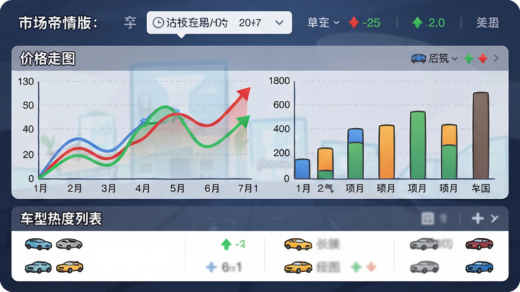 汽车交易帝国 市场行情面板 折线图与柱状图 布局为上方时间筛选 中部价格走势图 底部车型热度列表 排版信息密集但清晰 风格为商务卡通 细节包括红绿涨跌箭头 车型小图标 画质高清 干净 无多余元素