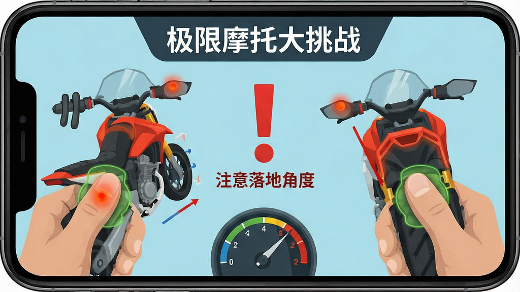 一张“极限摩托大挑战”新手操作指引图,画面以手机屏幕为边框,左侧展示左手拇指控制刹车与重心后移的示意图,右侧展示右手拇指控制油门与重心前移的示意图,中间用红色感叹号标注“注意落地角度”,布局为左右对称式排版,风格为游戏教程插画风格,细节包含手指触控热区、摩托车倾斜角度线、速度表盘,画质为高清扁平化设计,干净无多余元素