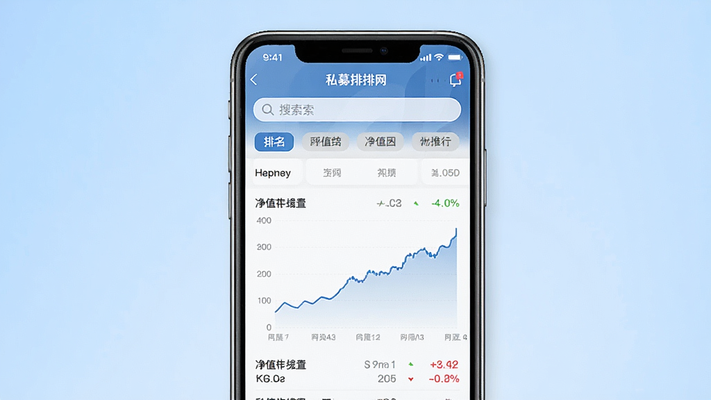 一张展示私募排排网APP首页界面的手机样机图,主体为一部竖屏智能手机,手机屏幕内呈现基金数据列表与净值曲线图表,布局居中,背景为浅蓝色渐变,风格简洁商务,细节包含搜索框、排名标签与涨跌颜色标识,画质清晰,干净,无多余元素