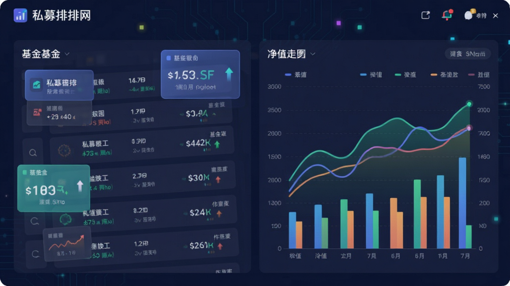 一张以私募排排网数据看板为主题的插画,主体为悬浮的基金数据卡片与柱状图,布局采用左右分栏,左侧为基金列表,右侧为净值走势图,风格扁平化科技感,细节包含数字指标与彩色曲线,画质清晰,干净,无多余元素