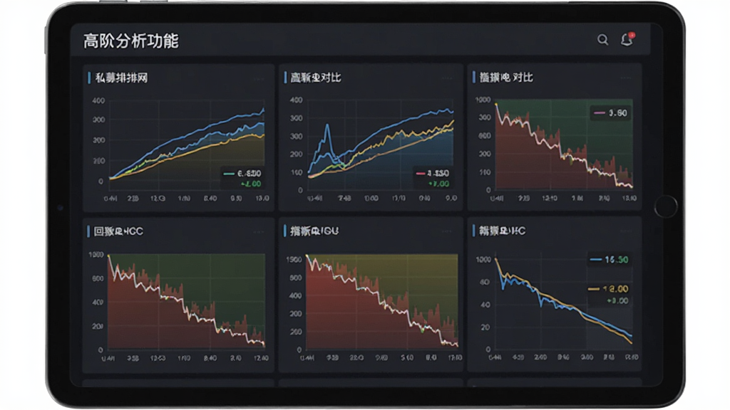 一张展示私募排排网高阶分析功能的界面图,主体为平板电脑或手机横屏显示多组数据图表,布局为网格状排列,风格专业数据可视化,细节包含对比曲线、回撤区域与指标数值,画质清晰,干净,无多余元素