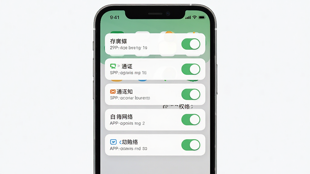 一张展示手机安全设置与APP权限管理界面的示意图,主体为手机屏幕显示权限开关列表,布局为竖向排列,风格简洁清新,细节包含存储、通知、网络等权限选项,画质清晰,干净,无多余元素