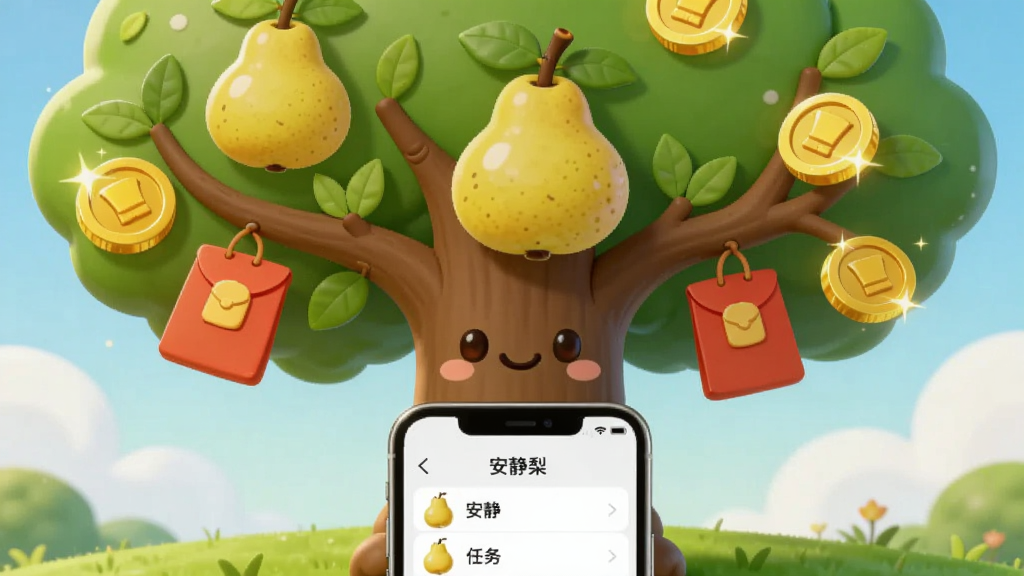画面中央是一棵卡通梨树,树枝上挂着金币和红包,树下有一部手机显示“安静梨”任务列表界面,背景为蓝天白云和绿色草地,布局上下结构,风格为可爱卡通插画,细节包括饱满的梨子、闪耀的金币和柔和的光晕,画质高清,干净,无多余元素