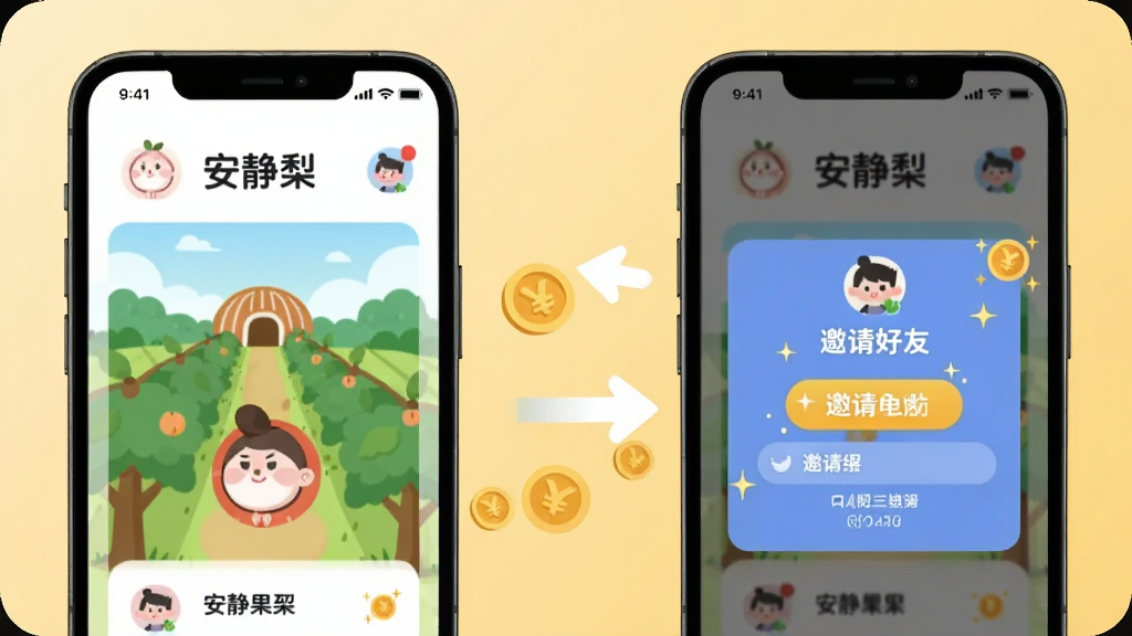 画面中两部手机并排摆放,左边手机显示“安静梨”果园界面,右边手机显示邀请好友弹窗,两部手机之间有箭头和金币飞舞,背景为浅黄色暖色调,布局左右对称,风格为现代扁平插画,细节包括卡通人物头像和闪烁的邀请码,画质高清,干净,无多余元素