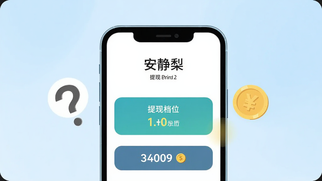 画面中央是一部手机屏幕显示“安静梨”提现页面,页面中有提现档位按钮和金币余额数字,手机旁边有问号和金币图标,背景为浅蓝色渐变,布局居中,风格为简洁扁平UI插画,细节包括清晰的按钮和数字,画质高清,干净,无多余元素
