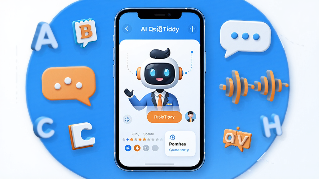 画面中央放置一部智能手机,手机屏幕上显示AI口语Tiddy的对话练习界面,屏幕中有一个卡通风格的AI外教形象正在与用户进行语音交流,界面下方有发音评分和纠错提示。手机周围环绕着英语字母、对话气泡和声波图标。整体布局居中对称,排版简洁清晰。风格为现代科技感扁平插画,色调以蓝白渐变为主,点缀橙色高亮元素。细节上手机边缘有轻微光泽感,字母和气泡有轻微的立体阴影。画质高清,画面干净,无多余元素。