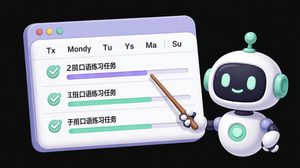 画面中央是一块悬浮的日程表界面,上面标注着每日口语练习任务和进度条,日程表旁边有一个AI机器人手持教鞭指向计划内容。布局采用居中构图,风格为卡通科技风插画,色调以浅紫和白色为主,点缀薄荷绿。细节上日程表有打勾标记和彩色进度条,AI机器人表情友善。画质高清,画面干净,无多余元素。