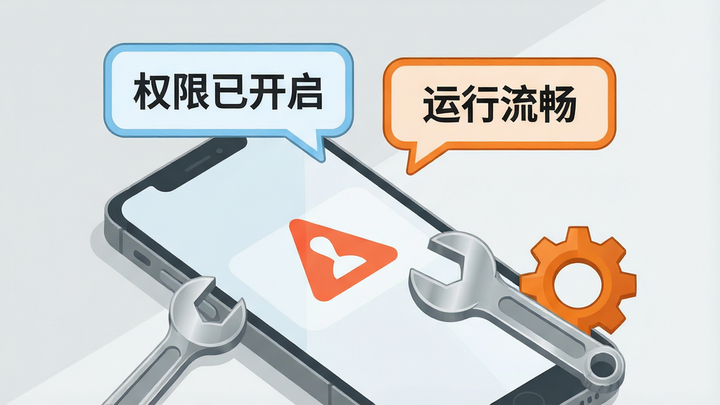 画面展示一部手机屏幕出现错误提示图标,旁边有扳手和齿轮工具正在修复手机,手机上方浮现对话气泡显示“权限已开启”和“运行流畅”字样。布局采用对角线构图,风格为扁平化故障排除插画,色调以浅灰、天蓝和橙色警示色为主。细节上工具带有金属质感,气泡有圆角矩形边框。画质高清,画面干净,无多余元素。