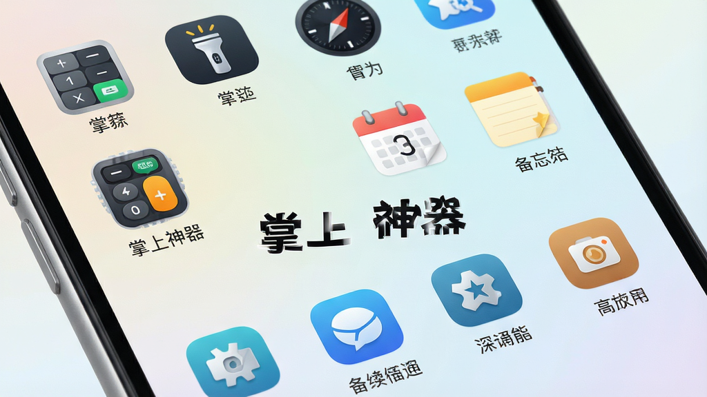 一张展示掌上神器全能工具箱功能的AI生图,画面为手机屏幕特写,屏幕内呈现整齐排列的工具图标矩阵,包括计算器、手电筒、指南针、日历、备忘录等图标,每个图标下方有中文标签,背景为柔和的浅色渐变,风格清新简约,细节精致,画质高清,干净无多余元素,图中包含文字“掌上神器”