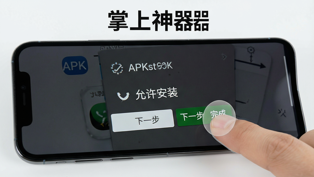 一张展示掌上神器新手安装步骤的AI生图,画面为手机屏幕显示APK安装界面,包含“允许安装”“下一步”“完成”等按钮,旁边有手指点击操作的示意,背景为浅色,风格清晰直观,细节明确,画质高清,干净无多余元素,图中包含文字“掌上神器”