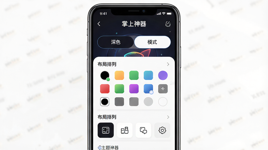 一张展示掌上神器个性化定制功能的AI生图,画面为手机屏幕展示主题设置界面,包含深色与浅色模式切换按钮、颜色选择器、布局排列选项等,界面设计精致,风格现代,色彩对比鲜明,细节丰富,画质清晰,干净无多余元素,图中包含文字“掌上神器”