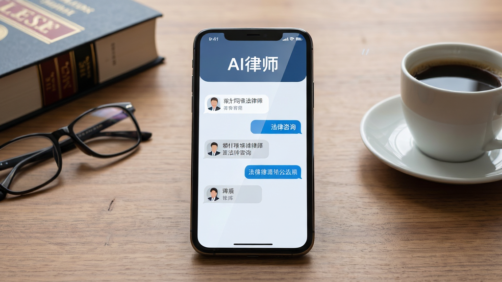 画面主体是一部智能手机放置在木质桌面上,屏幕显示AI律师应用界面,界面中包含“AI律师”文字标识与法律咨询对话框,背景布局为整洁的办公桌面,左侧摆放一本法律书籍与一副眼镜,右侧有一杯咖啡,排版采用居中构图突出手机屏幕,风格为现代商务写实摄影,细节上手机屏幕有轻微反光,桌面木纹清晰,画质为4K超高清,画面干净无多余杂物,无复杂背景元素。