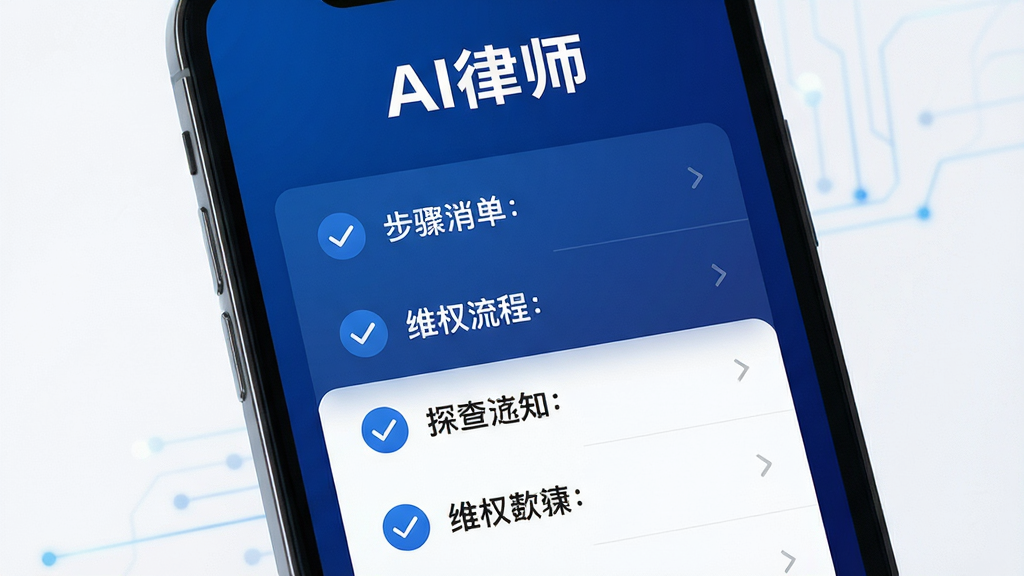 画面主体为一部手机屏幕特写,屏幕中显示AI律师应用的维权流程指引界面,界面顶部有“AI律师”文字,中部为步骤清单列表,布局为竖向排列,背景为深蓝色渐变,排版突出清单的层次感,风格为科技感UI展示图,细节上每个步骤前有对勾图标,文字清晰锐利,画质为超清2K,画面干净无多余装饰元素。