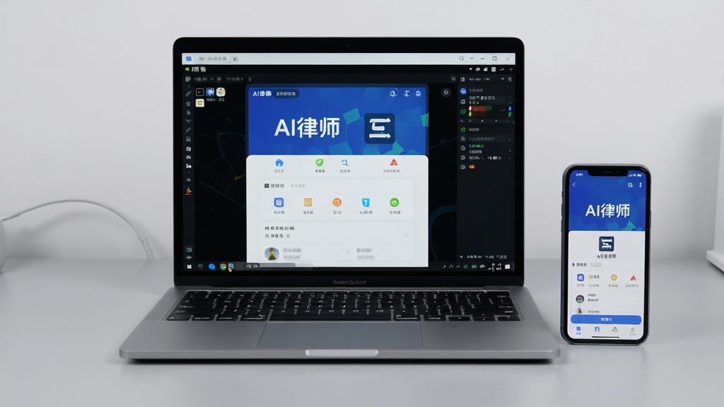 画面主体为一台笔记本电脑与一部手机并排摆放,电脑屏幕显示安卓模拟器运行AI律师应用界面,手机屏幕显示AI律师移动端界面,布局为左右对比展示,背景为浅灰色简约桌面,排版整齐对称,风格为数码产品评测实拍图,细节上两个屏幕均清晰显示“AI律师”文字,画质为4K超高清,画面干净无多余线缆。