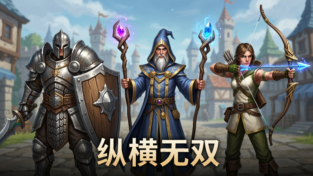 游戏界面截图风格,画面中央展示三位不同职业角色并排站立,左侧是重甲战士手持盾牌,中间是身穿法袍的法师手握法杖,右侧是轻装弓箭手拉弓瞄准,布局采用横向排列,背景是游戏内的主城场景,风格为魔幻写实游戏宣传图,细节包括角色装备的金属质感、法杖顶端的宝石发光效果、弓箭上的魔法箭矢,画质高清干净无多余元素。图中文字标注