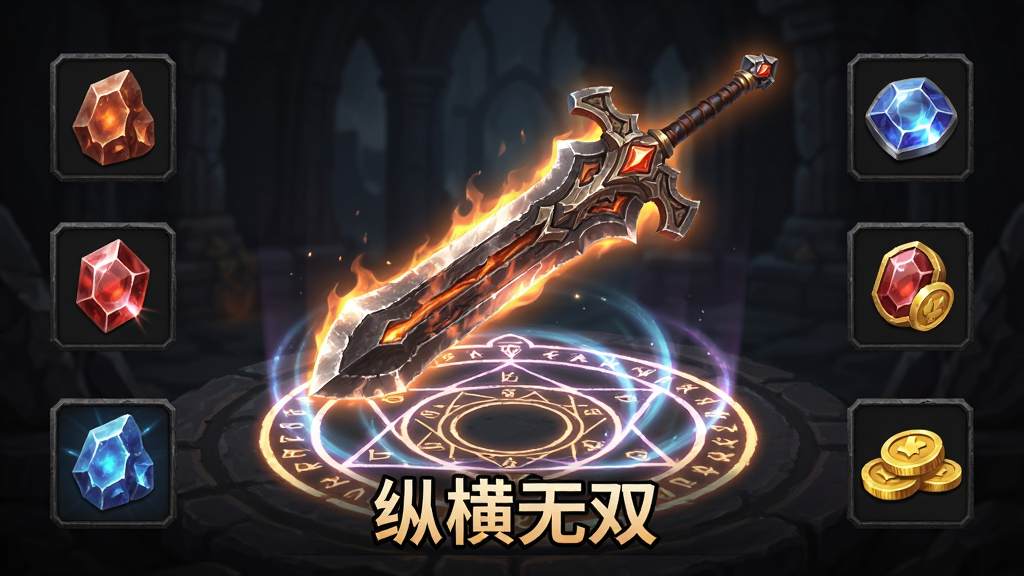 游戏内装备强化界面,画面中央是一把发光的巨剑悬浮在魔法阵上方,周围环绕着强化石、宝石和金币等材料图标,布局采用居中对称构图,风格为暗黑魔幻风格,细节包括巨剑表面的火焰纹路、魔法阵的旋转光效、材料图标的立体质感,画质高清干净无多余元素。图中文字标注
