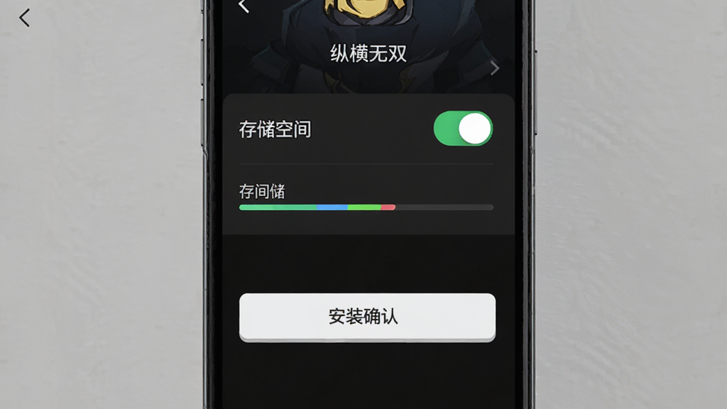 手机游戏安装设置界面截图风格,画面展示一部智能手机屏幕显示应用权限设置页面,布局为竖版手机界面特写,风格为科技简约风格,细节包括权限开关按钮的高亮状态、存储空间进度条、安装确认按钮,画质高清干净无多余元素。图中文字标注
