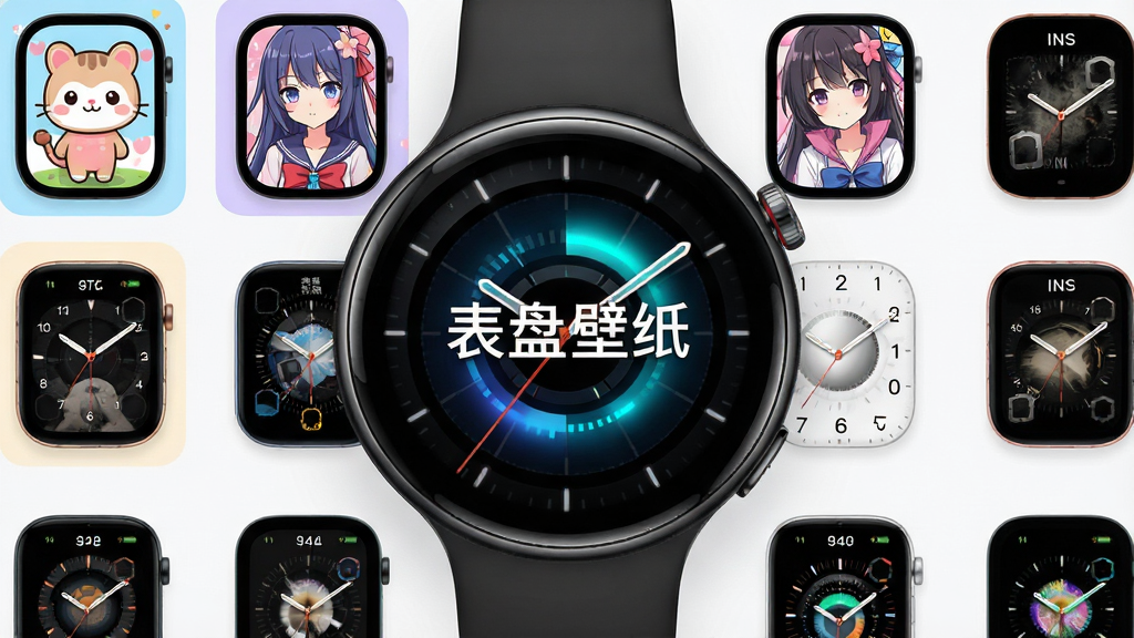 一张展示智能手表表盘壁纸的手机应用界面效果图,画面中央放置一块圆形智能手表,表盘显示炫酷的科技风格动态壁纸,周围环绕着多个不同风格的表盘缩略图卡片,包括可爱卡通、动漫二次元、ins高级质感等,布局采用网格排列,排版清晰有层次,风格为现代科技感,细节上体现屏幕的高清显示效果与色彩饱和度,画质为4K超清,干净简洁,无多余元素,图片中文字为“表盘壁纸”