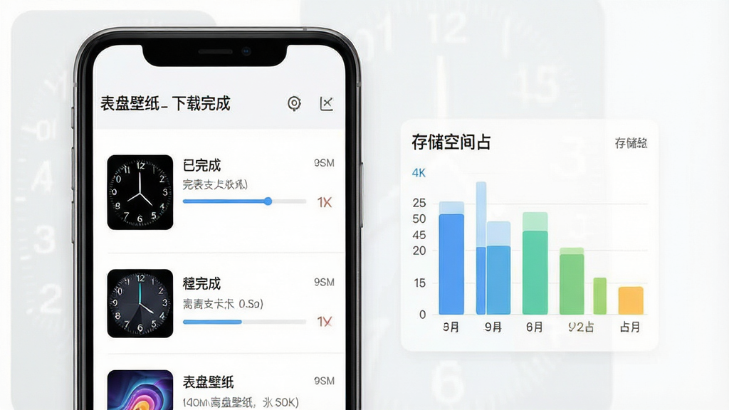 一个展示表盘壁纸应用离线下载管理界面的效果图,画面主体为手机屏幕,屏幕中显示下载任务列表与存储空间占用条形图,列表包含已完成的表盘与壁纸项目,布局为上下结构,排版简洁明了,风格为简约商务,细节上体现下载进度条与存储路径文字,画质为4K超清,干净无多余元素,图片中文字为“表盘壁纸”