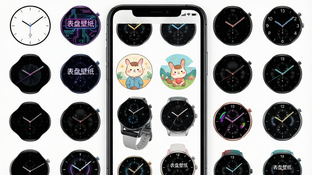 一个展示表盘壁纸应用内海量资源库的界面截图,画面主体为手机屏幕,屏幕中显示整齐排列的表盘缩略图网格,缩略图包含动态与静态两种类型,风格多样,有极简线条、赛博朋克、治愈系插画等,布局为上下滚动式瀑布流,排版紧凑有序,风格为清新明快,细节上体现高清画质与色彩丰富度,画质为4K超清,干净无多余元素,图片中文字为“表盘壁纸”