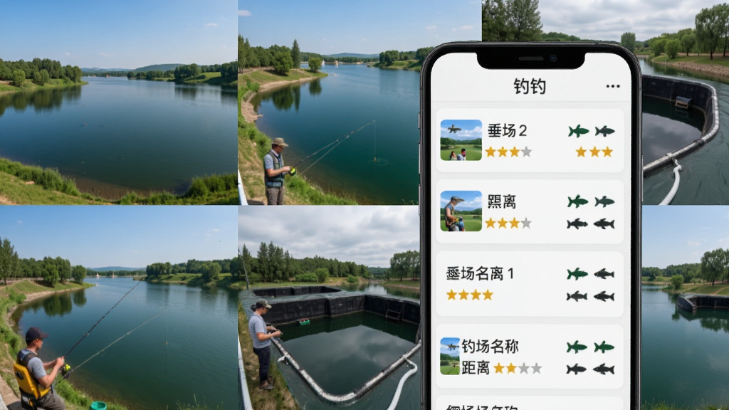 垂钓天下钓场查询页面,画面中一部手机显示钓场列表,每个条目包含钓场名称、距离、评分、鱼种图标,背景是不同钓场的实景拼贴,有湖泊、水库、黑坑等场景,整体布局清晰,风格实用简约,细节丰富,画质高清,干净,无多余元素
