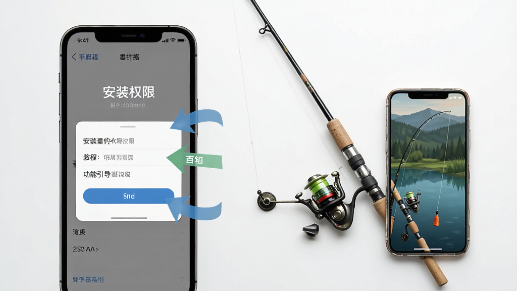 垂钓天下新手操作指引示意图,画面展示一部手机屏幕,屏幕上显示安装权限设置界面与功能引导箭头,旁边有钓具和手机摆放,背景简洁,风格教程化,布局清晰,细节明确,画质高清,干净,无多余元素