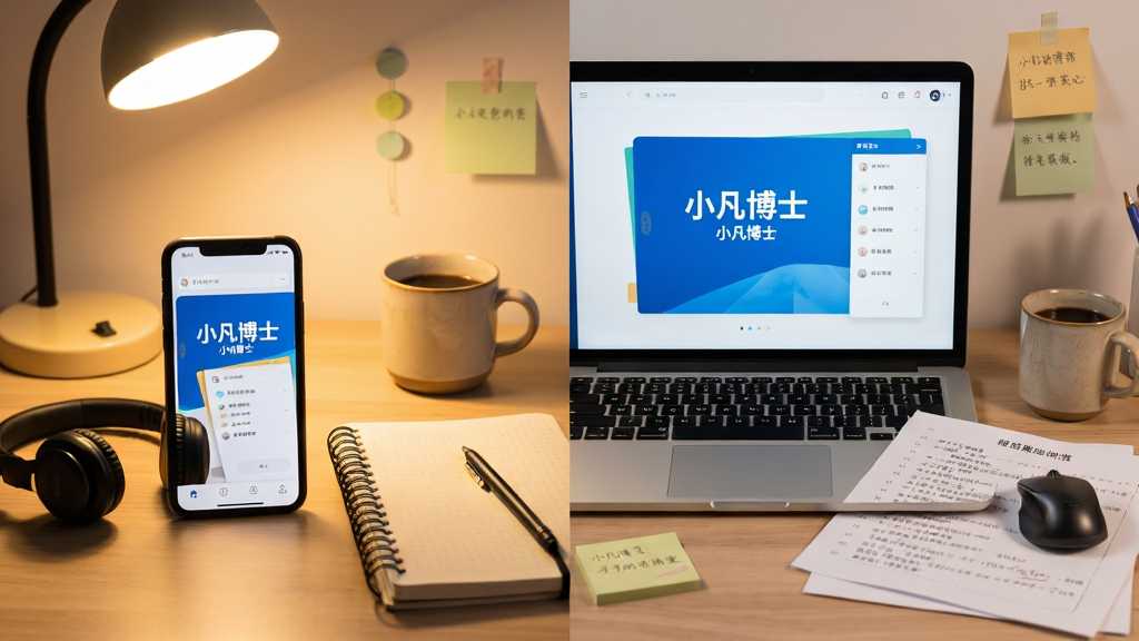 主体为一部手机和一台电脑同时显示“小凡博士”运行界面,手机旁放置耳机和笔记本,电脑旁放置鼠标和错题打印纸,布局为左右对比,排版自然,风格为温馨学习桌面风,细节包括台灯、咖啡杯、便签纸,画质清晰,干净,无多余元素