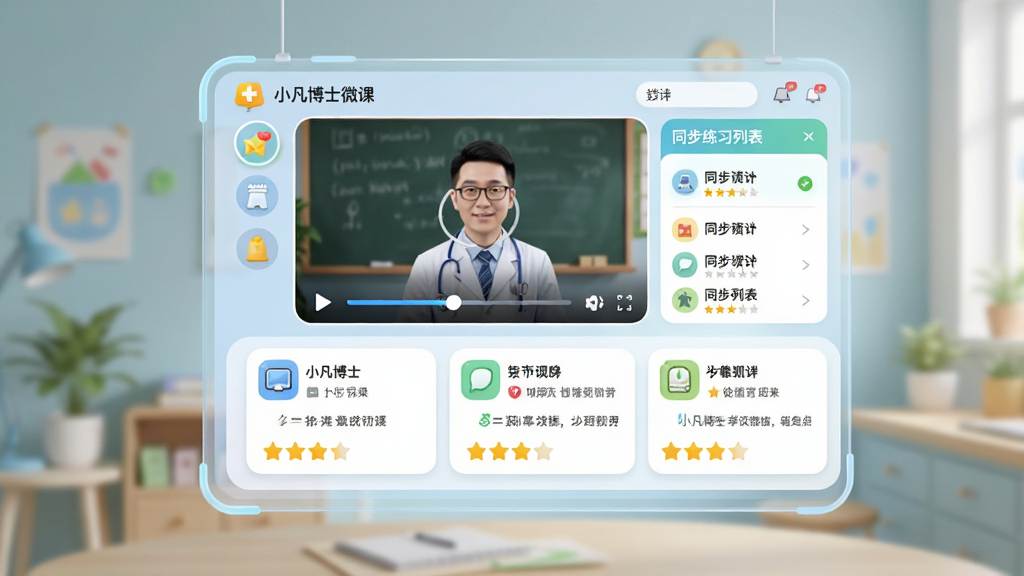 主体为一块悬浮的虚拟屏幕,屏幕中显示“小凡博士”微课播放界面和同步练习列表,布局采用上下结构,上方为视频播放器下方为练习题卡片,排版清晰,风格为明亮活泼的在线教育风,细节包括播放按钮、进度条、星星评分,画质清晰,干净,无多余元素