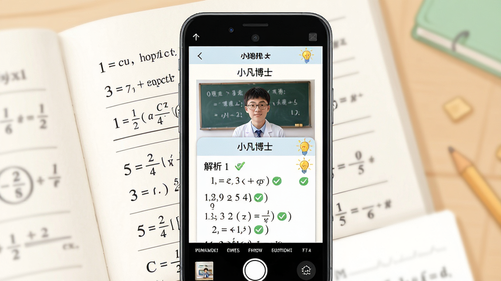 画面中央是一部手机正在拍摄数学题本,手机屏幕中弹出“小凡博士”的解析窗口,布局为居中构图,排版上方为题目照片下方为解析步骤,风格为清新教育插画风,细节包括数字公式、对勾符号、灯泡图标,画质清晰,干净,无多余元素