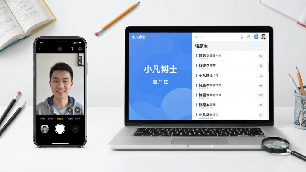 主体为一部智能手机和一台笔记本电脑并排展示,屏幕中显示“小凡博士”应用界面,布局采用左右分栏,左侧手机展示拍照搜题功能,右侧电脑展示错题本列表,排版干净整齐,风格为现代科技教育风,细节包括书本、铅笔、放大镜等学习元素点缀,画质清晰,干净,无多余元素