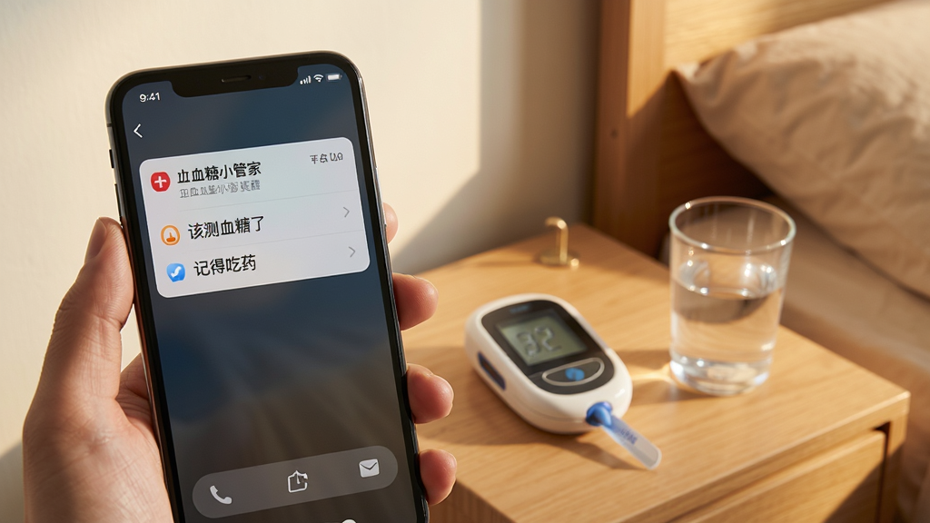 一部手机弹出血糖小管家的提醒通知界面,通知内容显示“该测血糖了”和“记得吃药”的提示,背景是清晨的卧室场景,床头柜上放着血糖仪和水杯,画面温馨自然,风格生活化,画质清晰,无多余元素