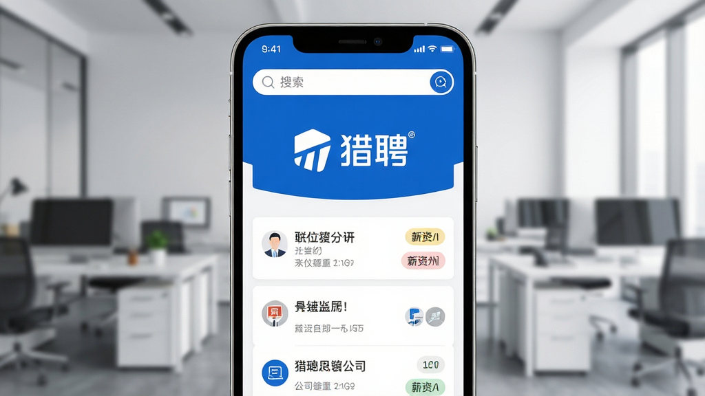 一张手机屏幕展示猎聘应用主界面,屏幕中央是猎聘品牌标志,界面以蓝色和白色为主色调,展示职位推荐列表和搜索框,背景是简洁的办公场景虚化处理,主体突出手机与界面,布局居中对称,排版干净利落,风格现代商务,细节包括职位卡片、公司图标、薪资标签,画质高清,干净,无多余元素