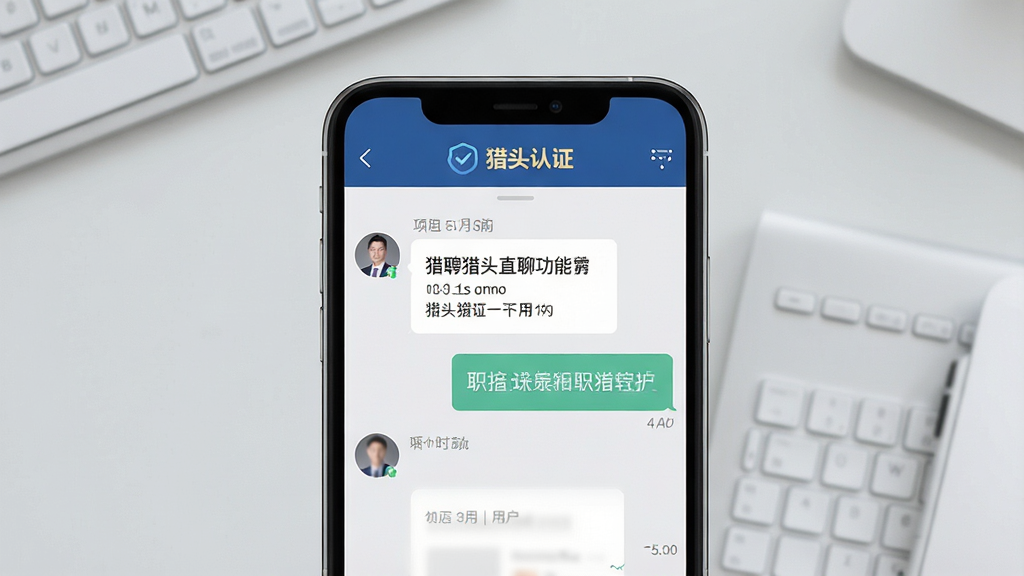 一张展示猎聘猎头直聊功能的界面截图,画面中手机屏幕显示聊天对话窗口,左侧是猎头头像与消息气泡,右侧是用户回复,顶部显示猎头认证标识,背景为浅灰色工作桌面,主体为手机界面,布局居中,排版清晰,风格简洁商务,细节包含消息时间戳、职位卡片链接,画质高清,干净,无多余元素