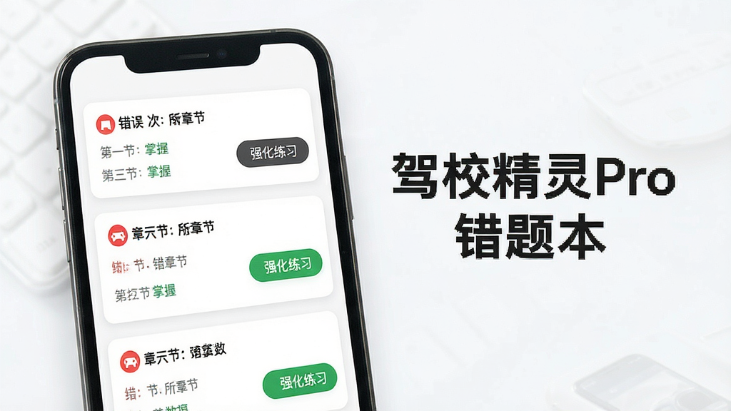 驾校精灵Pro智能错题本功能展示图,画面为手机屏幕显示错题列表界面,每道错题标注错误次数和所属章节,旁边有“强化练习”按钮,背景为白色卡片式布局,点缀红色错题标记和绿色掌握标记,风格简约现代,画质清晰,文字标注“驾校精灵Pro错题本”,无多余元素