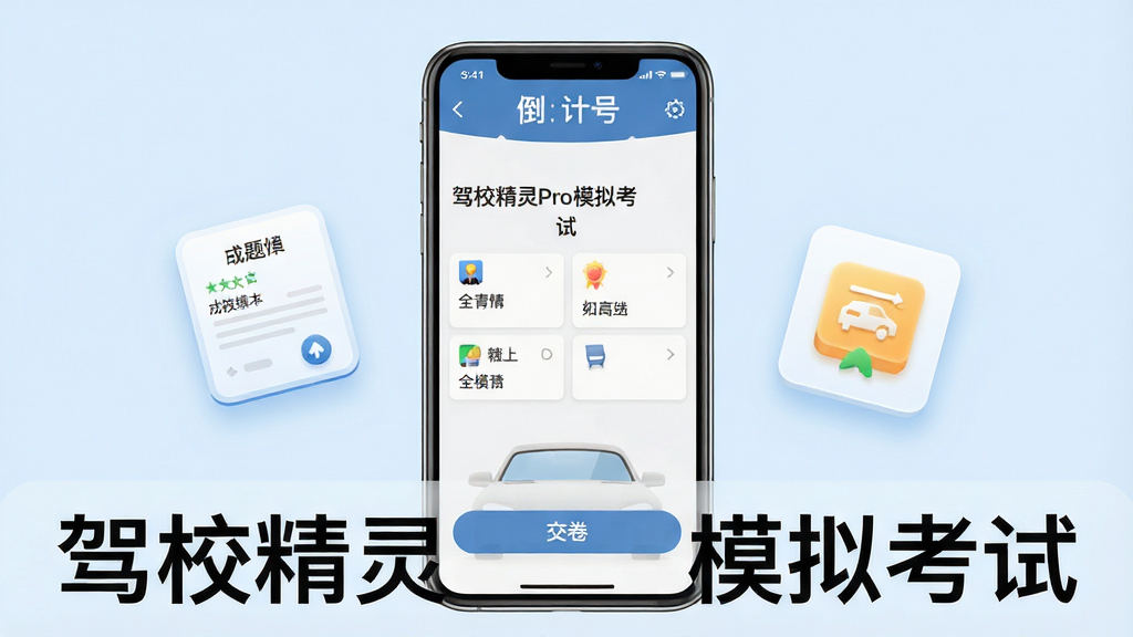 驾校精灵Pro全真模拟考试界面展示图,画面中央为手机屏幕内模拟考试答题界面,顶部显示倒计时和当前题号,中间为题目和选项,底部有交卷按钮,屏幕旁边有成绩单和错题本图标漂浮,背景为淡蓝色,风格简洁清新,画质干净,文字标注“驾校精灵Pro模拟考试”,无多余元素
