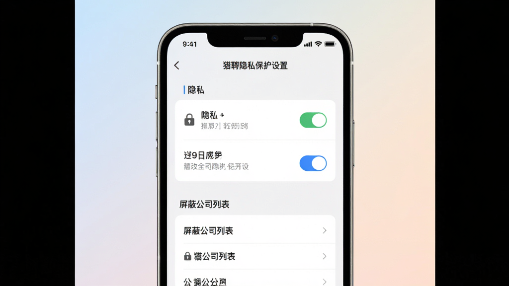 一张展示猎聘隐私保护设置的界面,手机屏幕显示隐私开关选项和屏蔽公司列表,背景为柔和浅色渐变,主体为手机与设置面板,布局居中,排版简洁,风格安全可靠,细节包含锁形图标、开关按钮、文字说明,画质高清,干净,无多余元素