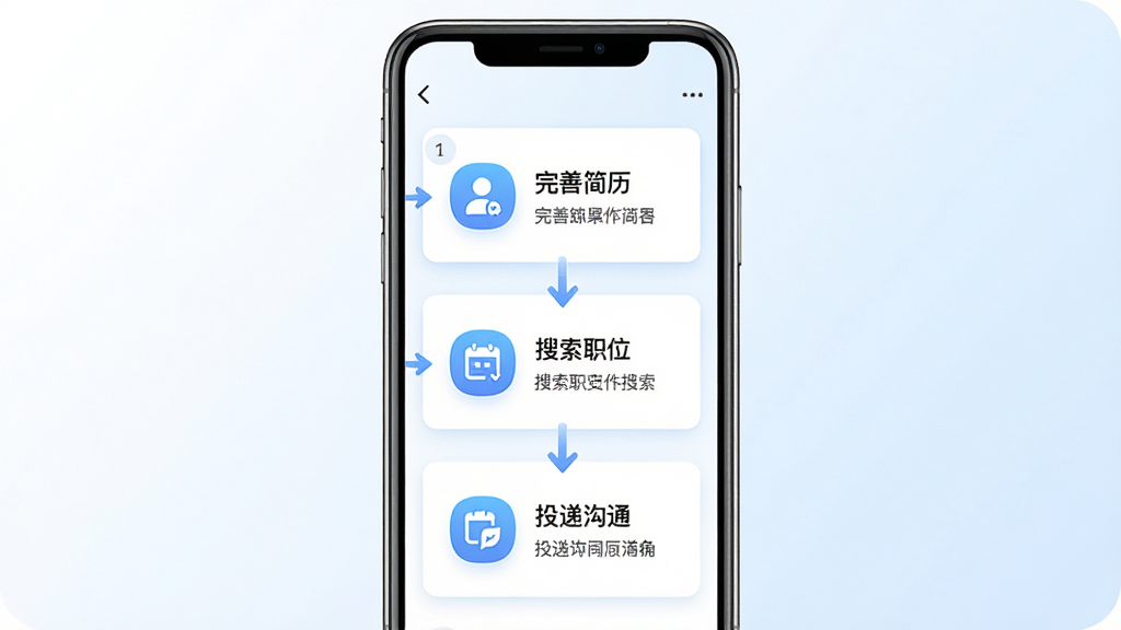 一张展示猎聘新手操作引导的手机界面,屏幕中显示分步教程卡片,包含完善简历、搜索职位、投递沟通三个步骤图标,背景为干净白色与浅蓝渐变,主体为手机屏幕,布局垂直排列,排版清晰,风格友好新手向,细节包含步骤序号、箭头指引、文字标签,画质高清,干净,无多余元素