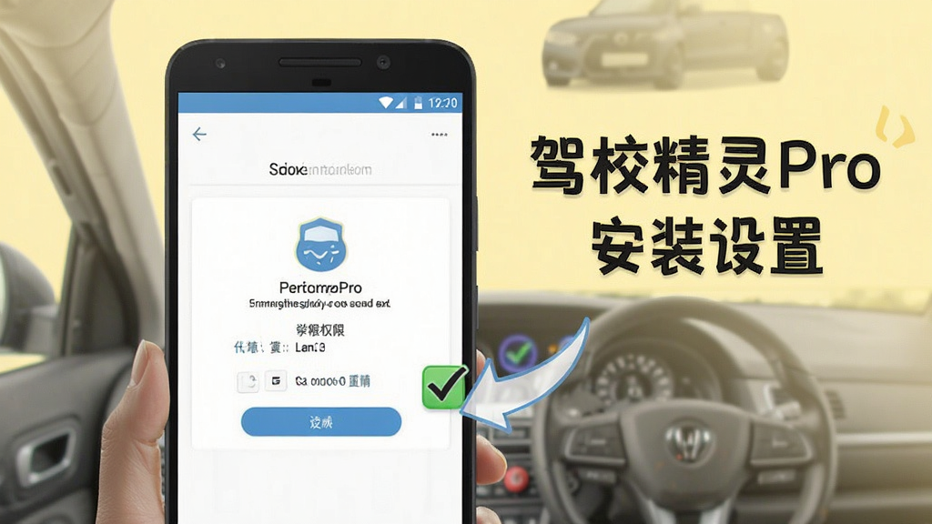 驾校精灵Pro新手使用指南插图,画面为一部安卓手机屏幕显示驾校精灵Pro的安装权限设置界面,旁边有勾选标记和箭头指引,背景为浅黄色,风格友好亲切,画质清晰,文字标注“驾校精灵Pro安装设置”,无多余元素