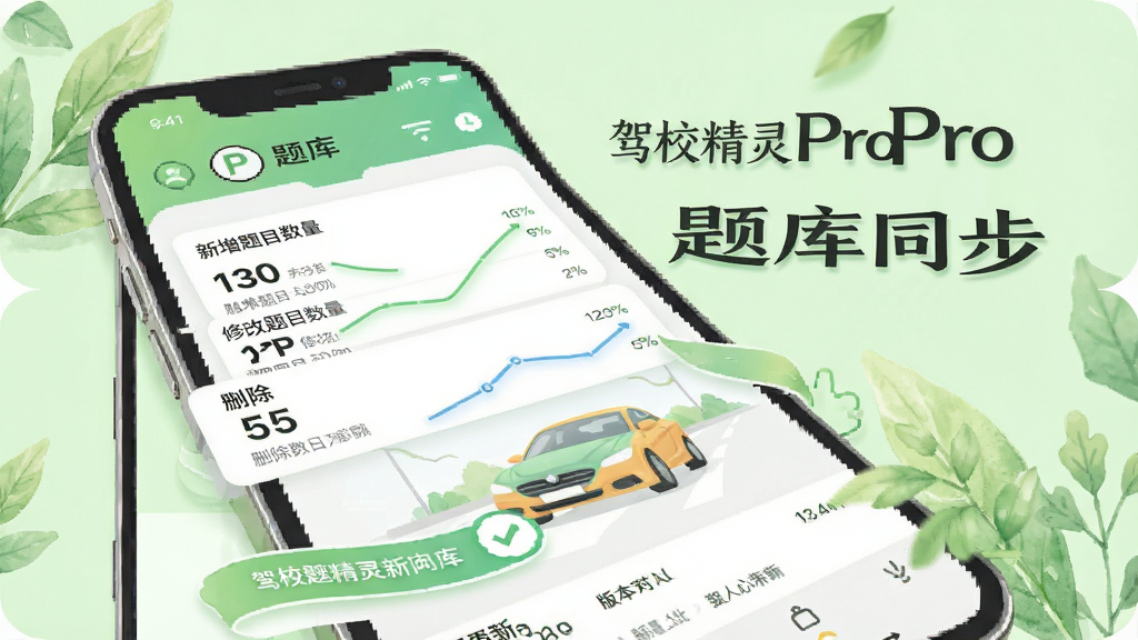 驾校精灵Pro题库更新功能展示图,画面为手机屏幕显示题库更新日志和版本对比界面,包含新增题目数量、修改题目数量和删除题目数量,背景为淡绿色,风格清新自然,画质清晰,文字标注“驾校精灵Pro题库同步”,无多余元素