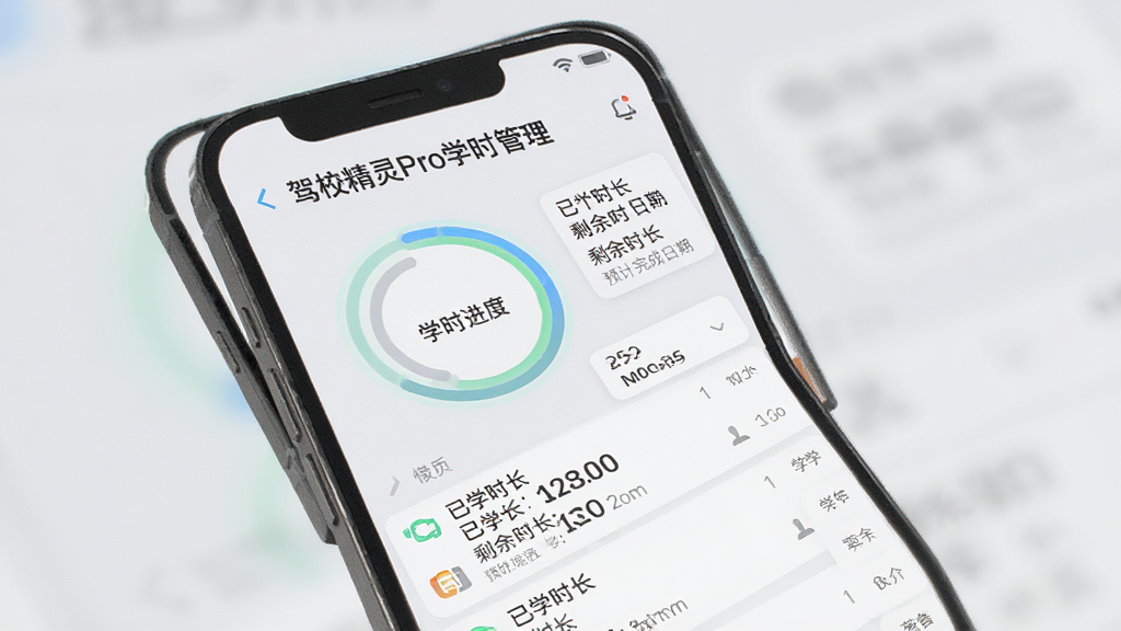 驾校精灵Pro学时管理界面展示图,手机屏幕显示学时进度环形图和详细学时记录列表,包含已学时长、剩余时长和预计完成日期,背景为浅灰色,风格商务简洁,画质干净,文字标注“驾校精灵Pro学时管理”,无多余元素