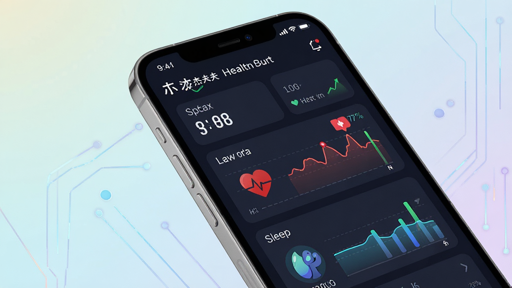 一张展示罗杰夫健康运动软件主界面的手机预览图,画面中央是一部现代智能手机,屏幕显示罗杰夫应用的健康数据仪表盘,包含步数、心率、睡眠等图表,布局简洁清晰,背景为柔和渐变浅色,风格现代科技感,细节精致,画质高清,画面干净无多余元素