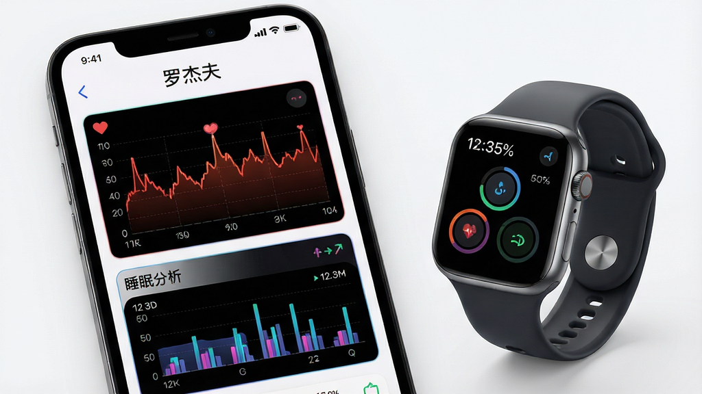罗杰夫软件健康监测功能展示图,画面中一部手机屏幕显示心率曲线和睡眠分析图表,旁边放置一只智能手表,背景干净整洁,风格清新简约,细节清晰,画质高清,画面中带有文字“罗杰夫”