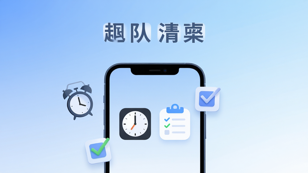 主体为一部智能手机,屏幕显示时钟与清单图标;布局采用居中构图,上方留白放置应用名称;排版清晰简洁;风格为现代扁平化科技感;细节包括柔和的蓝白渐变背景、悬浮的闹钟与复选框元素;画质高清,干净无多余元素