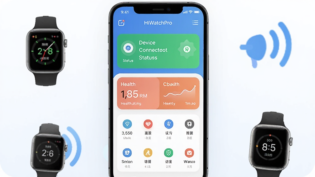 一张展示 HiWatchPro 软件界面的手机预览图,画面中央是一部智能手机,屏幕上显示 HiWatchPro 应用的主界面,包含设备连接状态、健康数据卡片和功能图标,背景为浅色渐变,周围环绕智能手表和蓝牙信号图标,风格为现代科技感 UI 设计,细节清晰,画质干净,无多余元素
