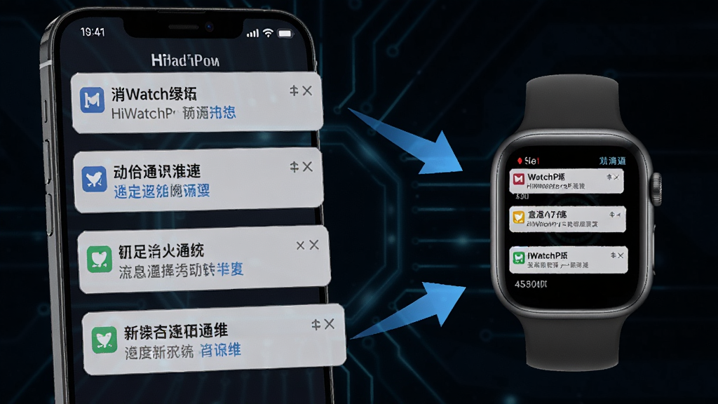 一张展示 HiWatchPro 消息通知推送功能的示意图,画面中手机屏幕弹出多条通知消息,箭头指向智能手表屏幕显示相同内容,背景为深色科技风格,风格为信息流示意图,细节清晰,画质干净,无多余元素